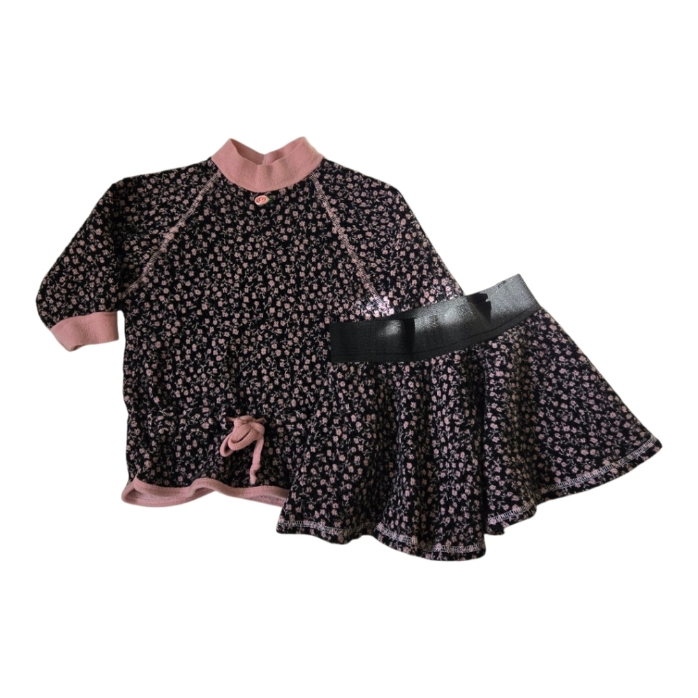 Vintage 1990s LL Sport Funwear Black Pink Floral 2pc Sweater Skirt Set